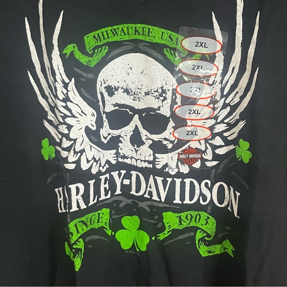 Harley-Davidson Black Tee with White Skull and Neon Green Shamrock Graphics NWT